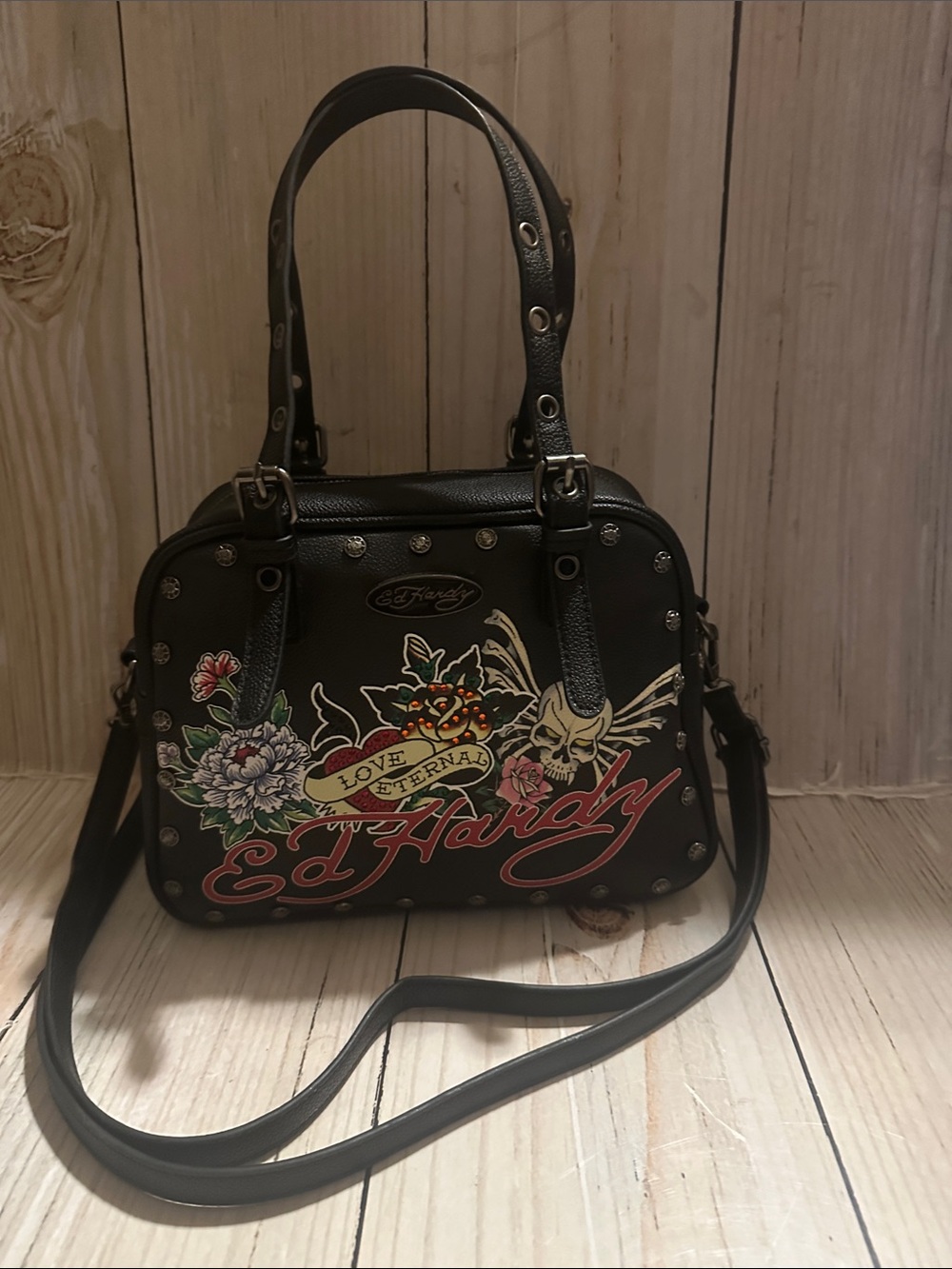 Ed Hardy Black Floral Skull Dome Satchel with Red Script